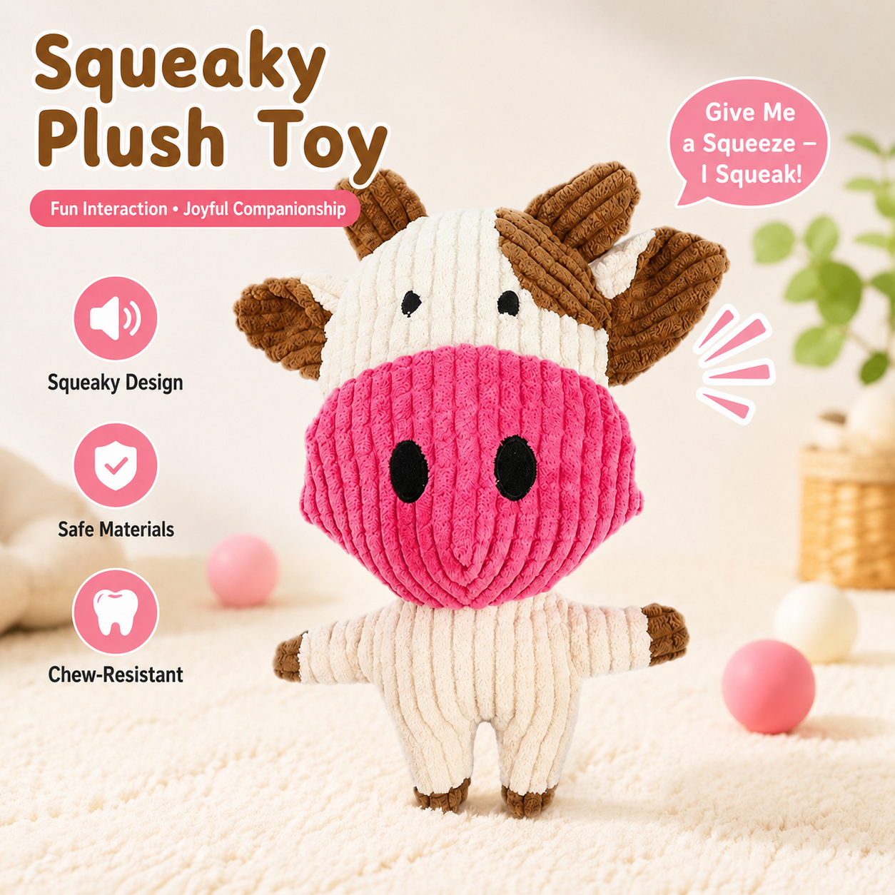 Squeaky Corduroy Cow Plush Dog Toy – Soft Interactive Chew & Cuddle Toy