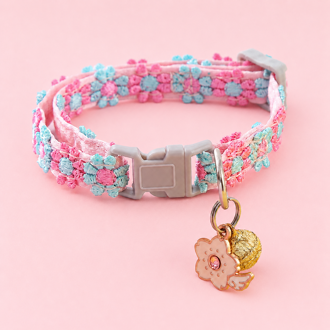 Handmade Floral Woven Adjustable Pet Collar with Bell & Charm