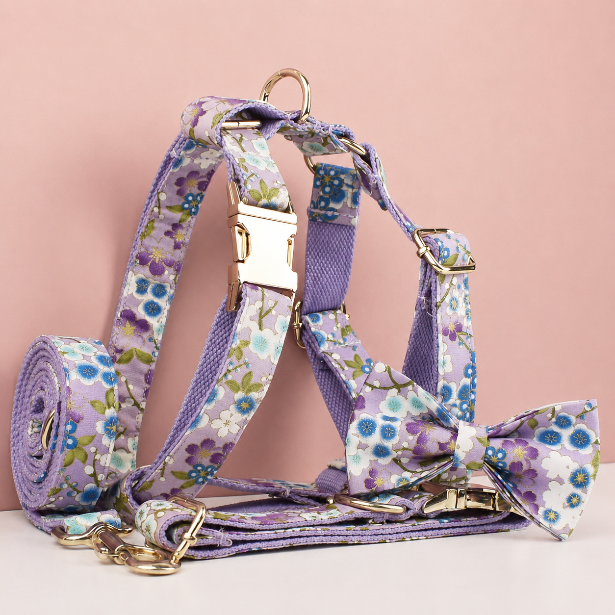 Purple Floral Dog Collar, Leash, Harness & Bow Tie Set – Adjustable Pet Walking Accessories