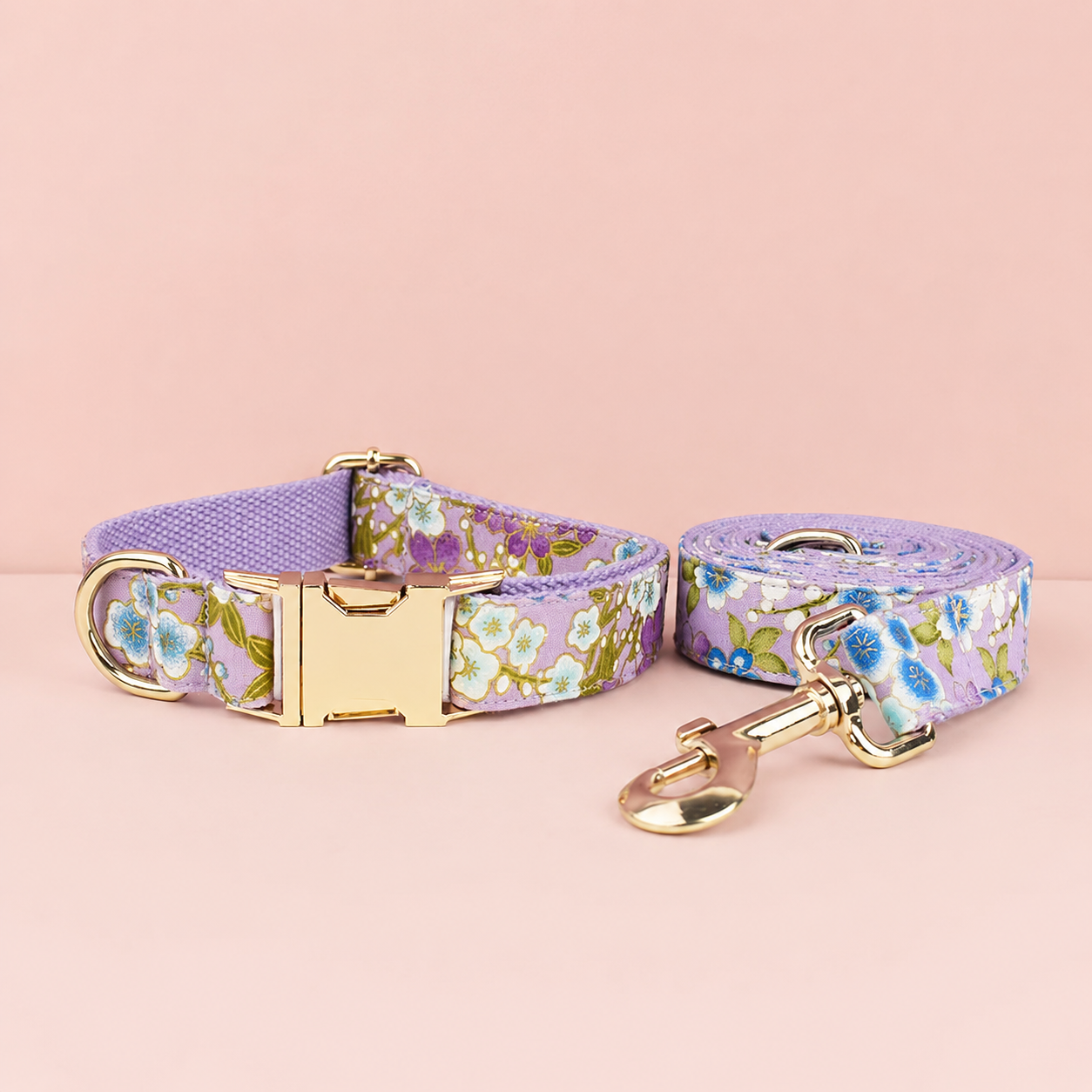 Purple Floral Dog Collar, Leash, Harness & Bow Tie Set – Adjustable Pet Walking Accessories