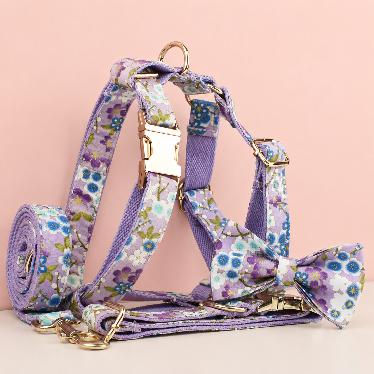 Purple Floral Dog Collar, Leash, Harness & Bow Tie Set – Adjustable Pet Walking Accessories