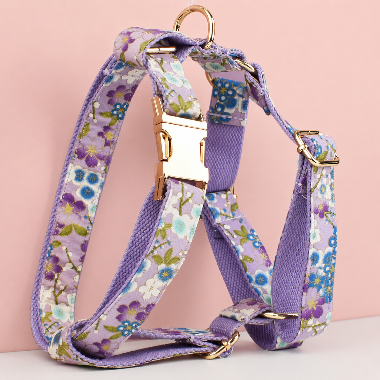 Purple Floral Dog Collar, Leash, Harness & Bow Tie Set – Adjustable Pet Walking Accessories