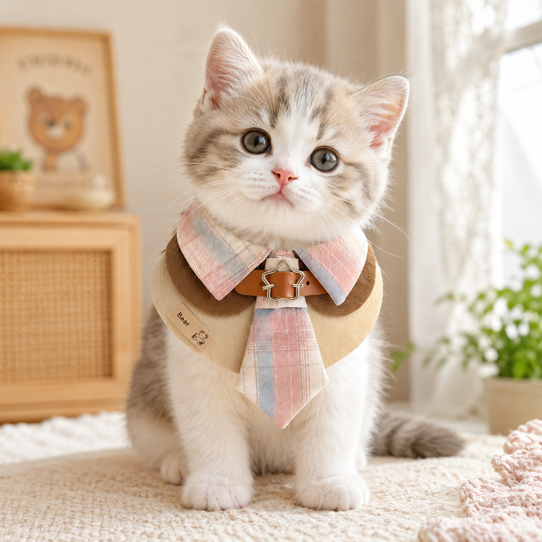 Handmade Plaid Pet Collar Bib with Tie – Adjustable Neck Accessory for Cats & Dogs