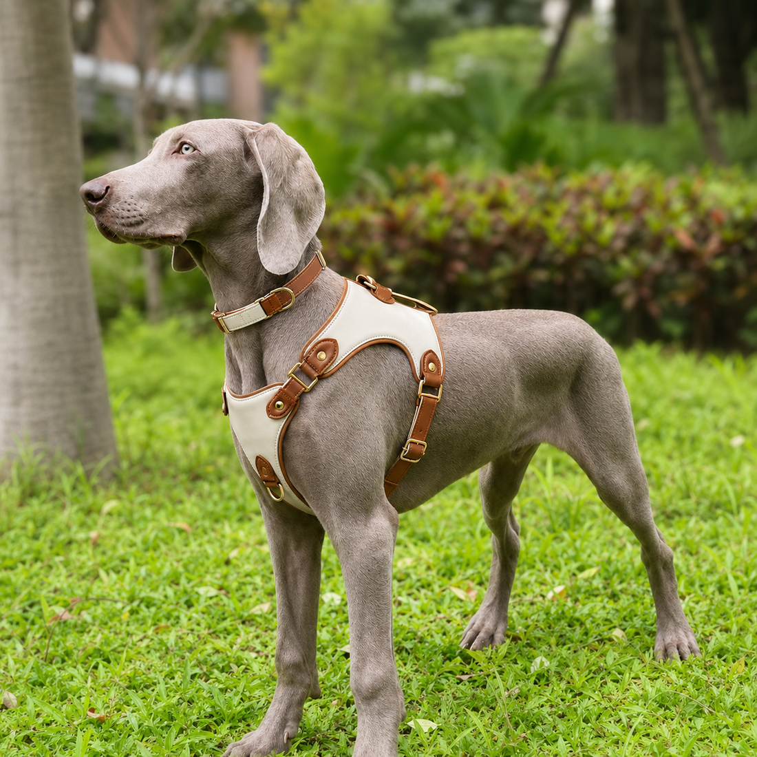 Adjustable Leather-Look Dog Harness with Control Handle, Matching Leash & Collar