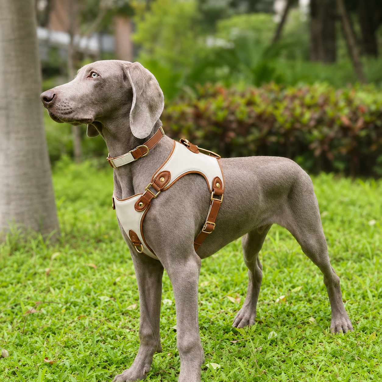 Adjustable Leather-Look Dog Harness with Control Handle, Matching Leash & Collar