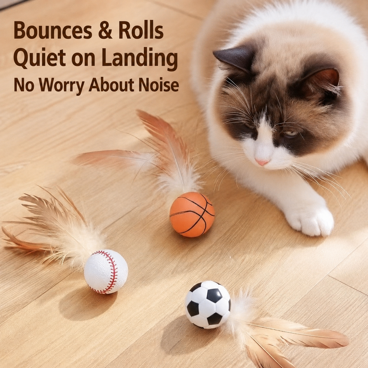 Interactive Feather Cat Toy Ball Set – Bouncy Quiet Rolling Teaser Toys for Indoor Cats