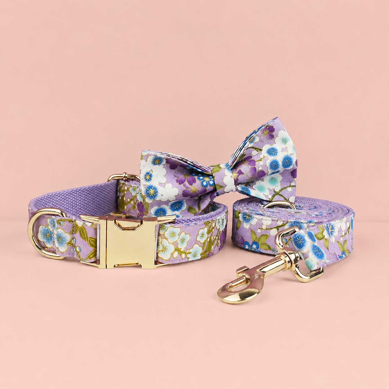 Purple Floral Dog Collar, Leash, Harness & Bow Tie Set – Adjustable Pet Walking Accessories
