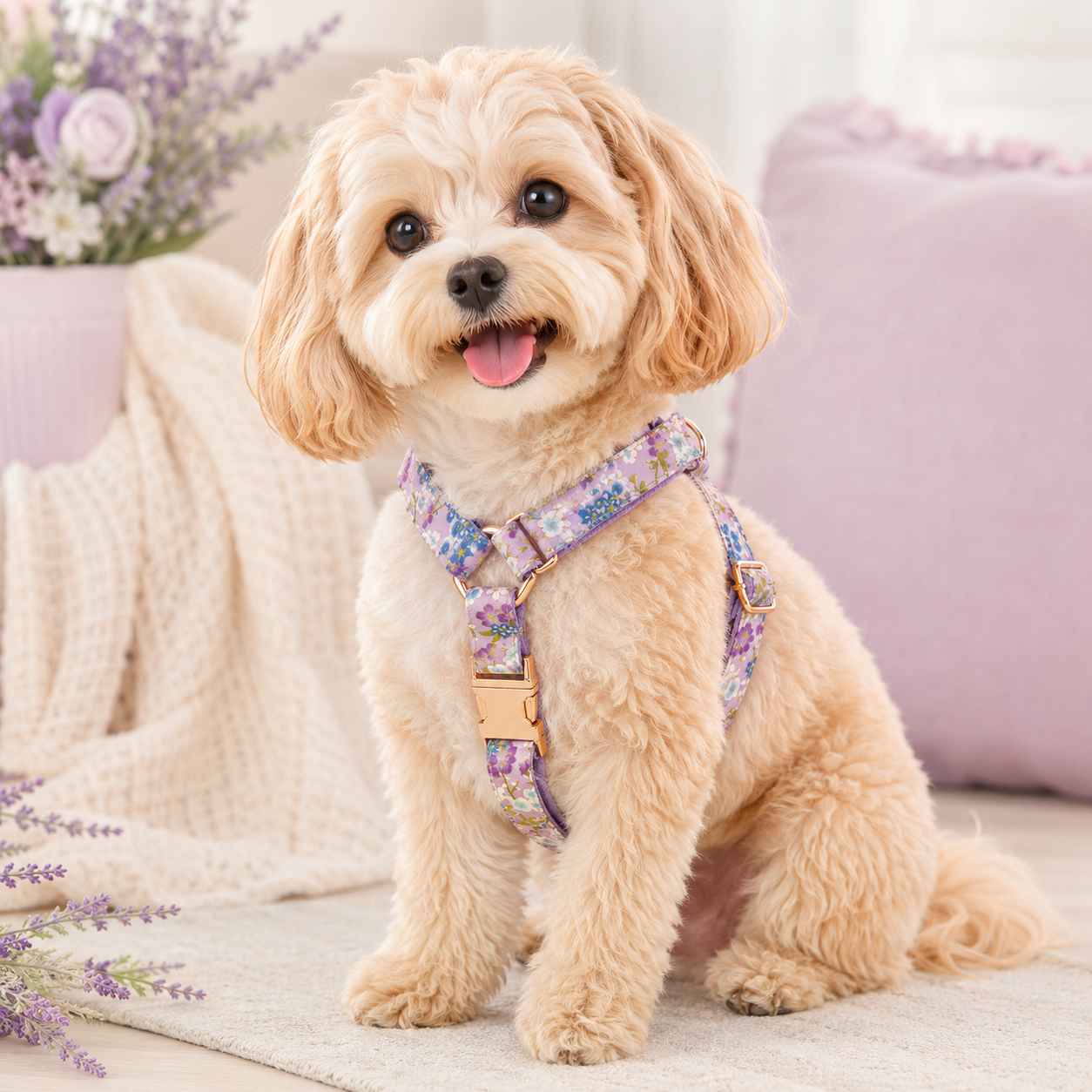 Purple Floral Dog Collar, Leash, Harness & Bow Tie Set – Adjustable Pet Walking Accessories