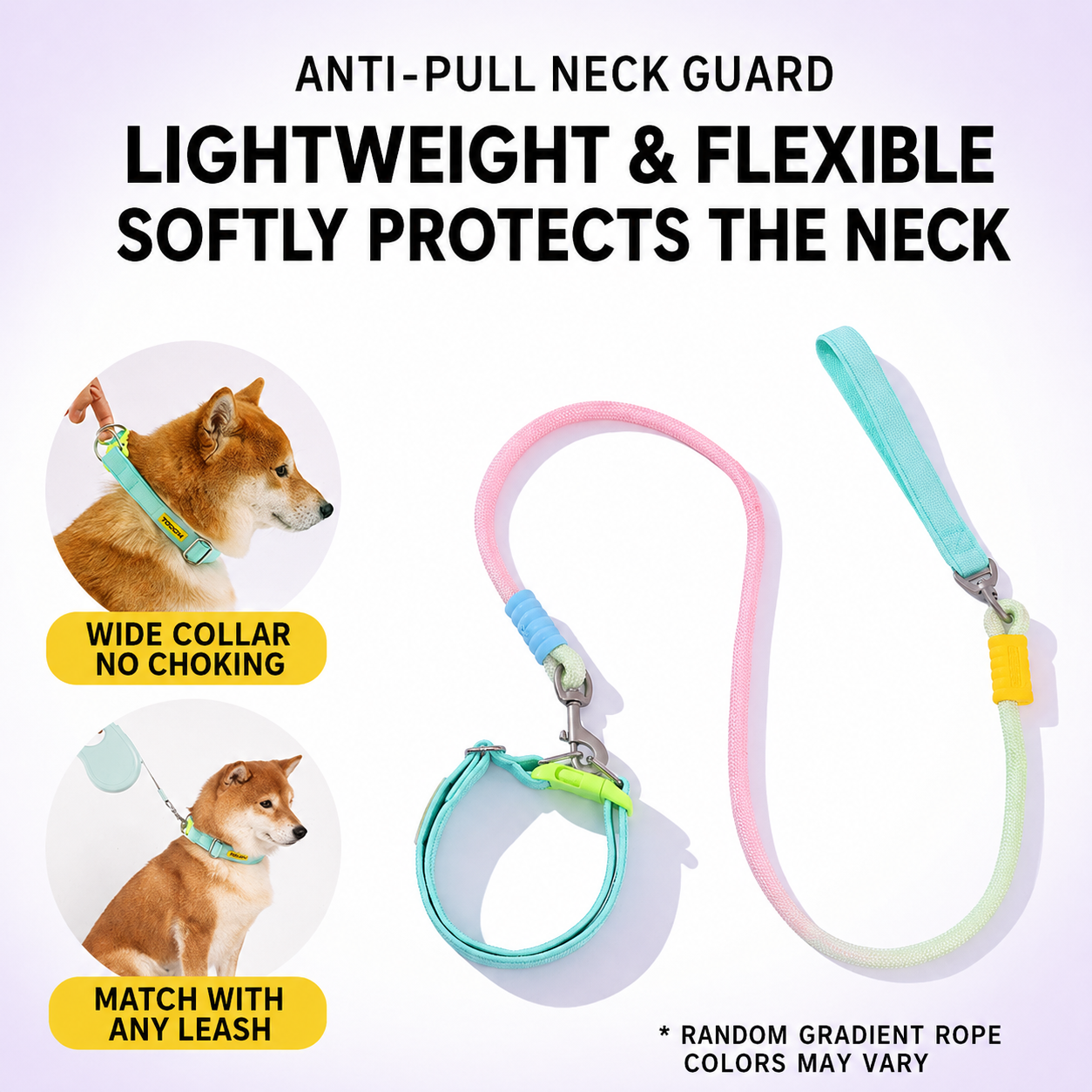 Adjustable Anti-Pull Dog Collar & Gradient Rope Leash Set – 1.2m Comfortable Walking Lead