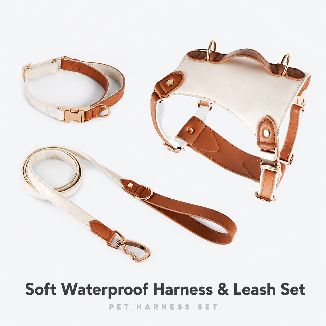 Adjustable Leather-Look Dog Harness with Control Handle, Matching Leash & Collar