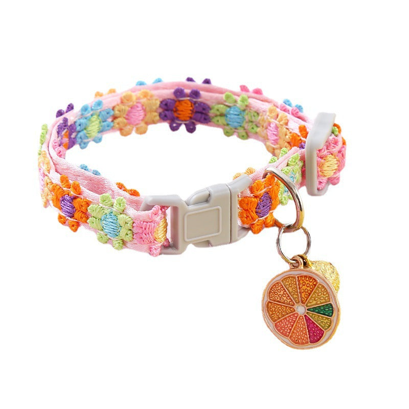 Handmade Floral Woven Adjustable Pet Collar with Bell & Charm