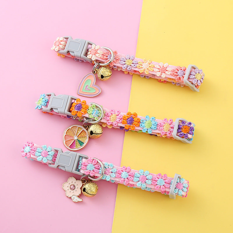 Handmade Floral Woven Adjustable Pet Collar with Bell & Charm