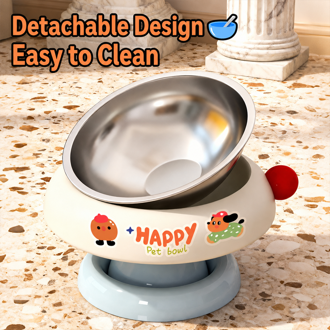 Elevated Tilted Stainless Steel Cat Bowl – Removable Non-Slip Raised Pet Feeder