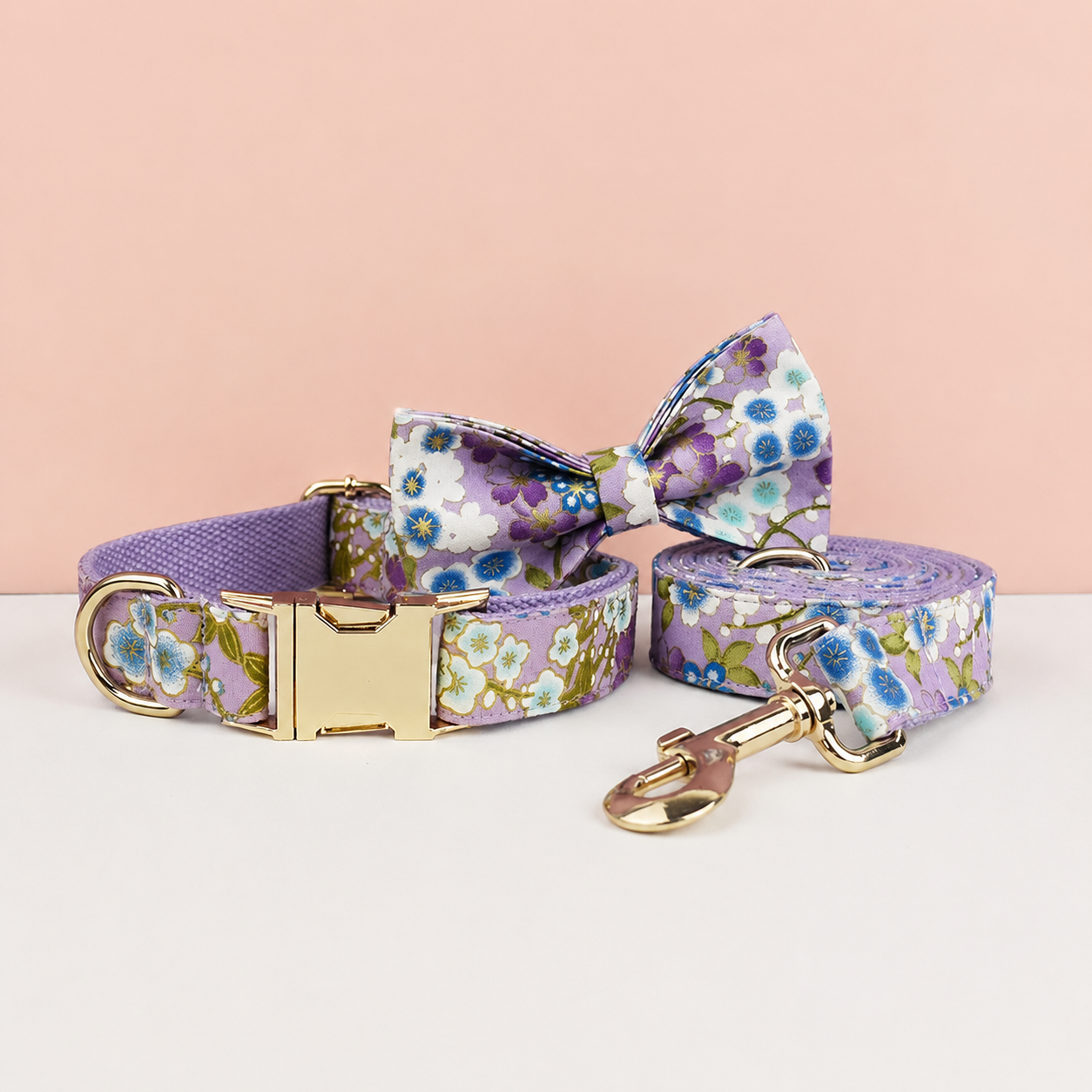 Purple Floral Dog Collar, Leash, Harness & Bow Tie Set – Adjustable Pet Walking Accessories