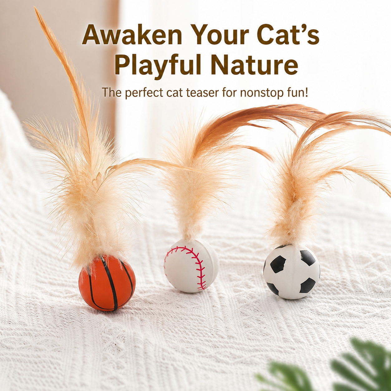 Interactive Feather Cat Toy Ball Set – Bouncy Quiet Rolling Teaser Toys for Indoor Cats