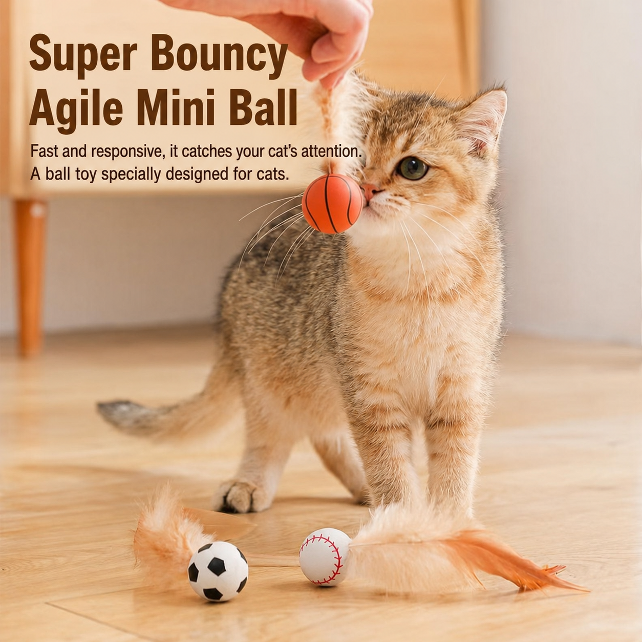 Interactive Feather Cat Toy Ball Set – Bouncy Quiet Rolling Teaser Toys for Indoor Cats