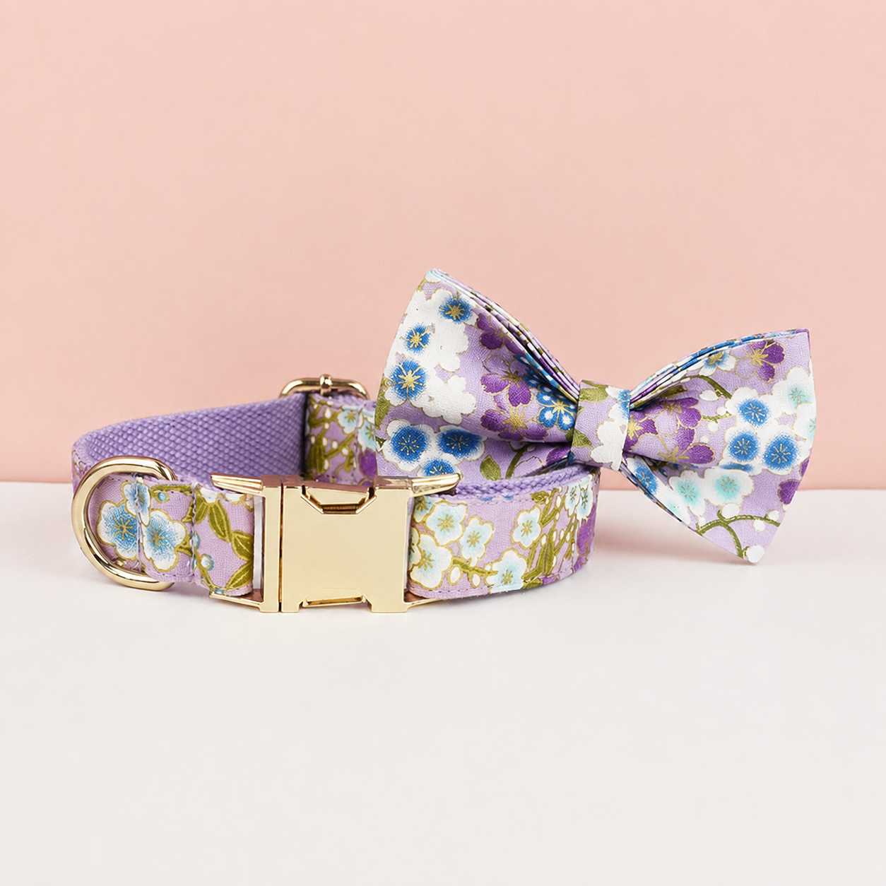 Purple Floral Dog Collar, Leash, Harness & Bow Tie Set – Adjustable Pet Walking Accessories